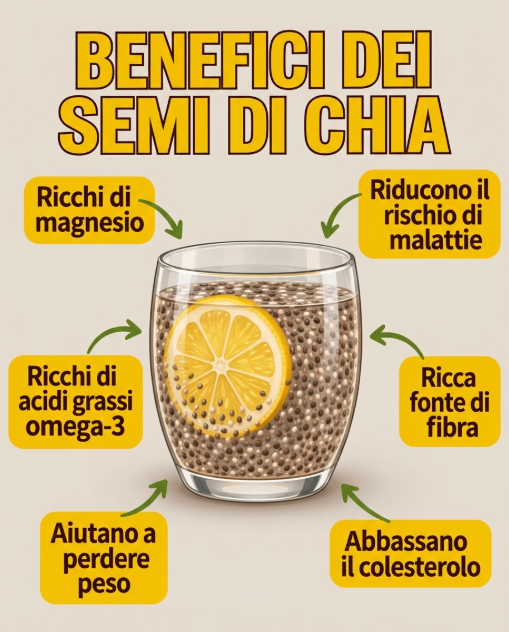 acqua di chia e limone, semi di chia benefici, limone benefici, bevanda detox, digestione naturale, stitichezza rimedi, fibra alimentare, omega-3 vegetali, antiossidanti naturali, controllo del peso, sazietà naturale, salute del cuore, glicemia stabile, idratazione naturale, vitamina C, sistema immunitario, pelle luminosa, collagene naturale, rimedi naturali per la digestione, bevanda al mattino, rituale benessere, snack sano, alimentazione equilibrata, stile di vita sano, perdita peso naturale, gonfiore addominale rimedi, benessere intestinale, integratore naturale, cucina naturale