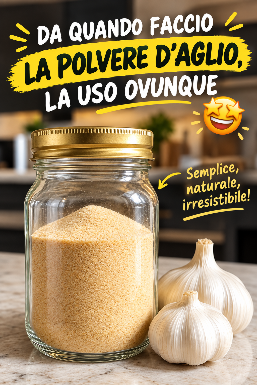 polvere di aglio, aglio in polvere, come fare la polvere di aglio, aglio in polvere fatto in casa, polvere di aglio gustosa, aglio essiccato, condimento naturale, spezie fatte in casa, ricetta facile e veloce, conservare l'aglio, aglio granulare, aglio in polvere senza additivi, cucina naturale, dispensa organizzata, insaporitore naturale, aglio per soffritti, aglio per marinature, aglio per salse, mix di spezie fai da te, aglio in polvere intenso, come essiccare l'aglio, forno per essiccare, essiccatore per alimenti, macinacaffè per spezie, barattolo ermetico, conservazione spezie, anti-umidità, cucina italiana autentica, ricette della nonna, ingredienti base cucina