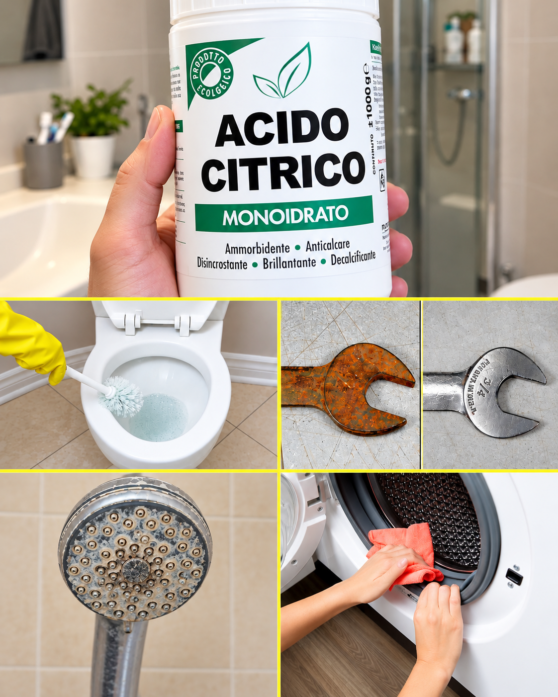 acido citrico, usi acido citrico, anticalcare naturale, brillantante fai da te, ammorbidente naturale, pulizie ecologiche, detergenti naturali, pulizia casa, pulizia lavatrice, pulizia lavastoviglie, pulizia rubinetteria, disincrostante wc, pulizia pentole, cura capelli, risciacquo acido citrico, tonico pelle, conservante naturale, conserve alimentari, frutta tagliata, surgelati, rimedi della nonna, prodotti naturali per la casa, sostenibilità in casa, fai da te, pulizie economiche, casa pulita senza prodotti chimici, cucina naturale, benessere e salute, stile di vita sano, rimedi casalinghi