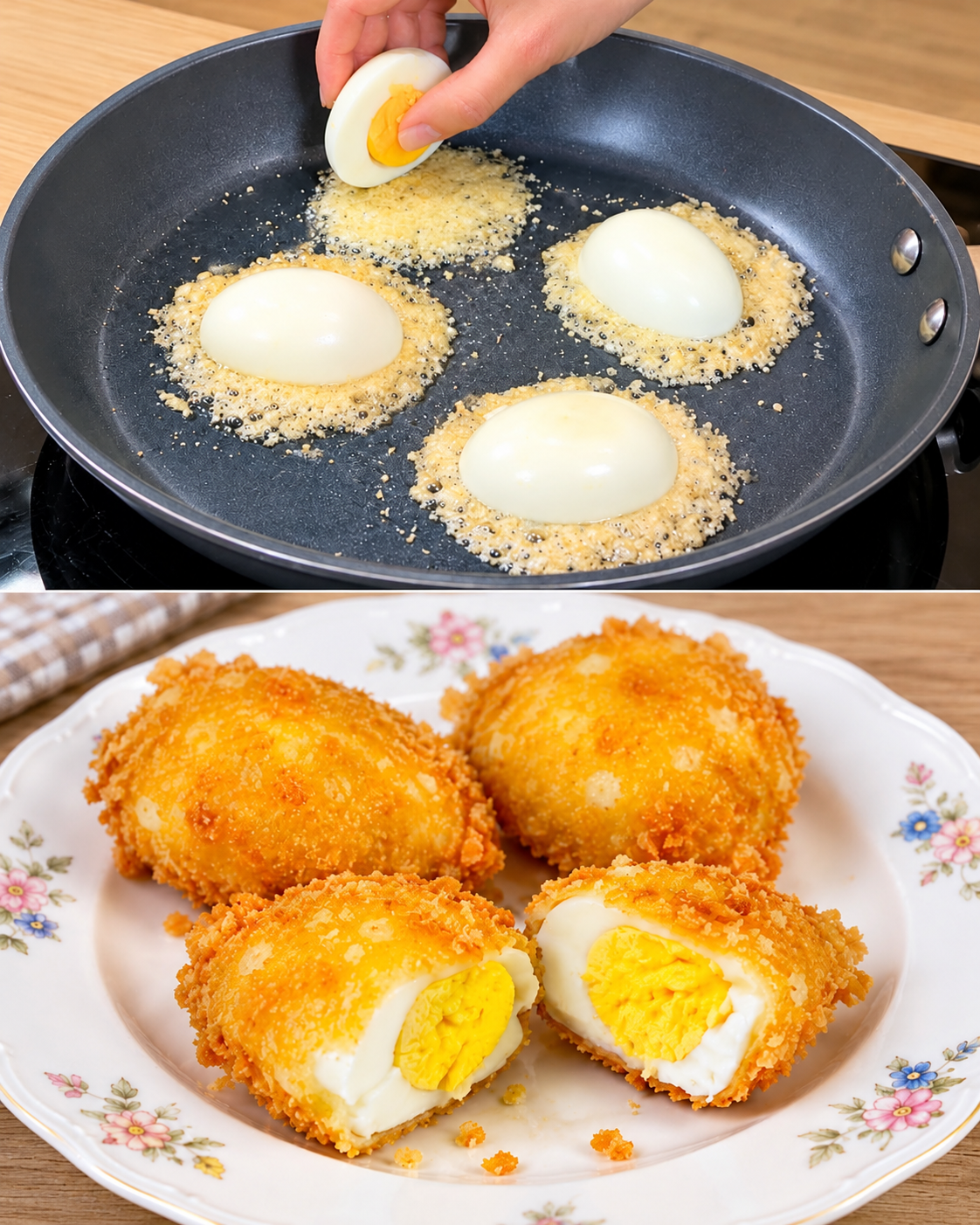 uova sode croccanti, uova al parmigiano, uova sode, antipasti sfiziosi, finger food, ricetta con 2 ingredienti, uova croccanti, cialda di parmigiano, uova gratinate, uova sode al forno, ricetta facile e veloce, aperitivo, buffet, antipasti per buffet, cucina italiana autentica, ricette della nonna, uova sode ripiene, uova alla monachina, uova gratinate con besciamella, ricetta con uova, secondo piatto veloce, piatto unico, uova croccanti in friggitrice ad aria, parmigiano reggiano, grana padano, pecorino, paprika, pepe nero, erba cipollina, prezzemolo, antipasti per aperitivo