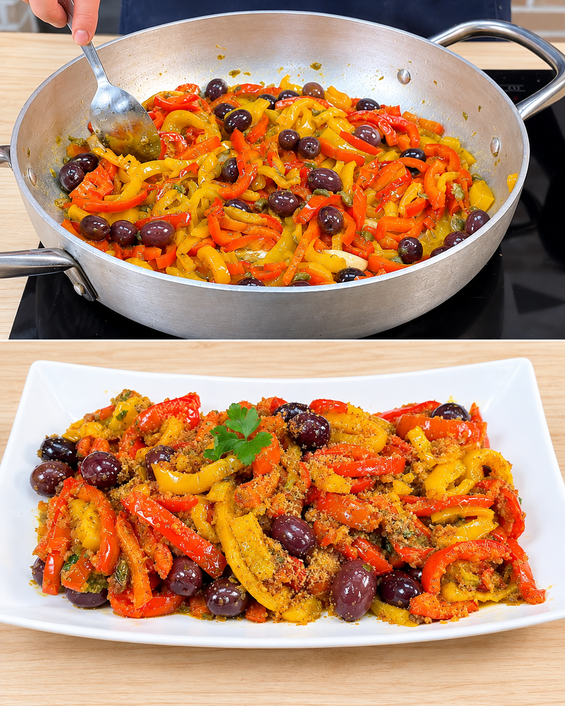 peperoni in padella, peperoni con pangrattato, peperoni con capperi e olive, ricetta peperoni in padella, contorno siciliano, contorno mediterraneo, peperoni con acciughe, peperoni con pomodorini, peperoni con melanzane, peperoni con zucchine, peperoni con cipolla, peperoni con pinoli, peperoni con uvetta, peperoni con mandorle, peperoni senza glutine, peperoni vegani, cucina siciliana, cucina italiana, ricette della nonna, peperoni carnosi, peperoni rossi, peperoni gialli, olio extravergine d'oliva, aglio, pangrattato, capperi, olive nere, olive verdi, prezzemolo fresco, sale, pepe, peperoncino, come fare i peperoni in padella, cottura peperoni, tostare pangrattato, conservazione peperoni, peperoni in frigorifero, peperoni in freezer, contorno per carne, contorno per pesce, contorno per formaggi, piatto unico, buffet di contorni, abbinamento vino rosso, Nero d'Avola, Primitivo, abbinamento vino bianco, Grillo, Vermentino