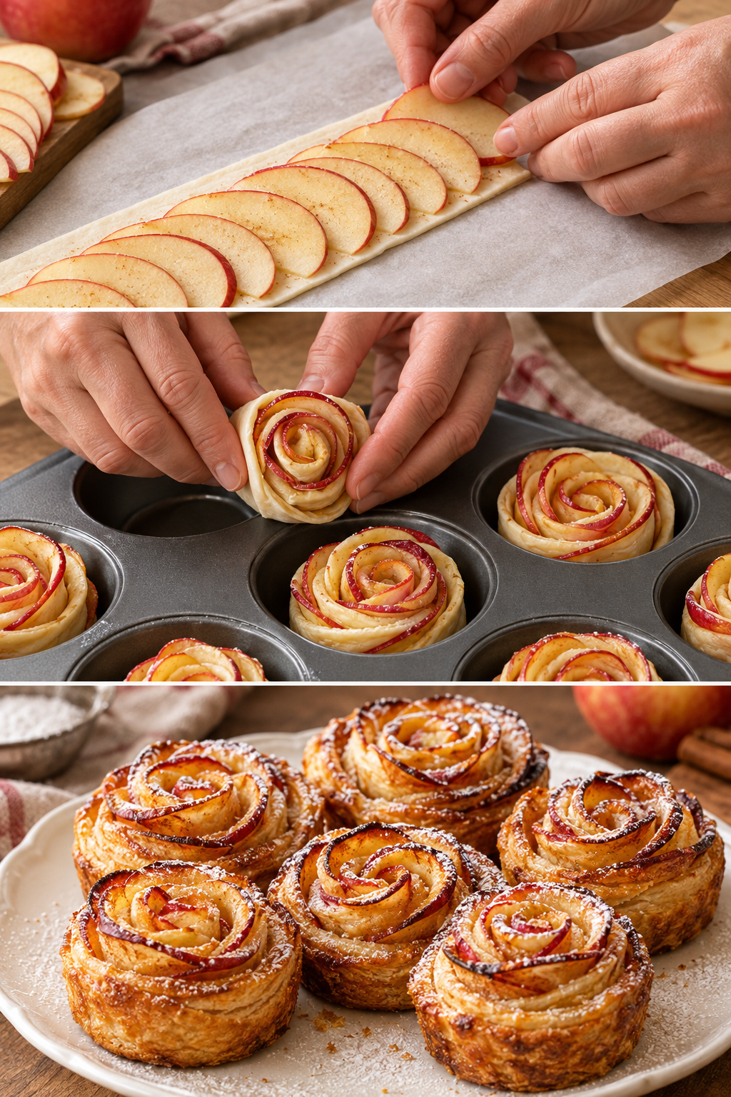 rose di mele, rose di mele al forno, dessert elegante, pasta sfoglia, ricetta mele, dolci al forno, rose di mele ricetta, dessert facile, ricetta pasta sfoglia, mele al forno, dolci con mele, dessert scenografico, ricetta dessert, rose di mele senza glutine, rose di mele con nutella, rose di mele salate, pasta fillo, dolci autunnali, dolci invernali, ricetta veloce, dessert per cena romantica, buffet di dolci, dolci fatti in casa, pasticceria fatta in casa, ricette della nonna, cucina italiana, dolci con cannella, mele Fuji, mele Pink Lady, mandolina per mele, come arrotolare pasta sfoglia, cottura rose di mele