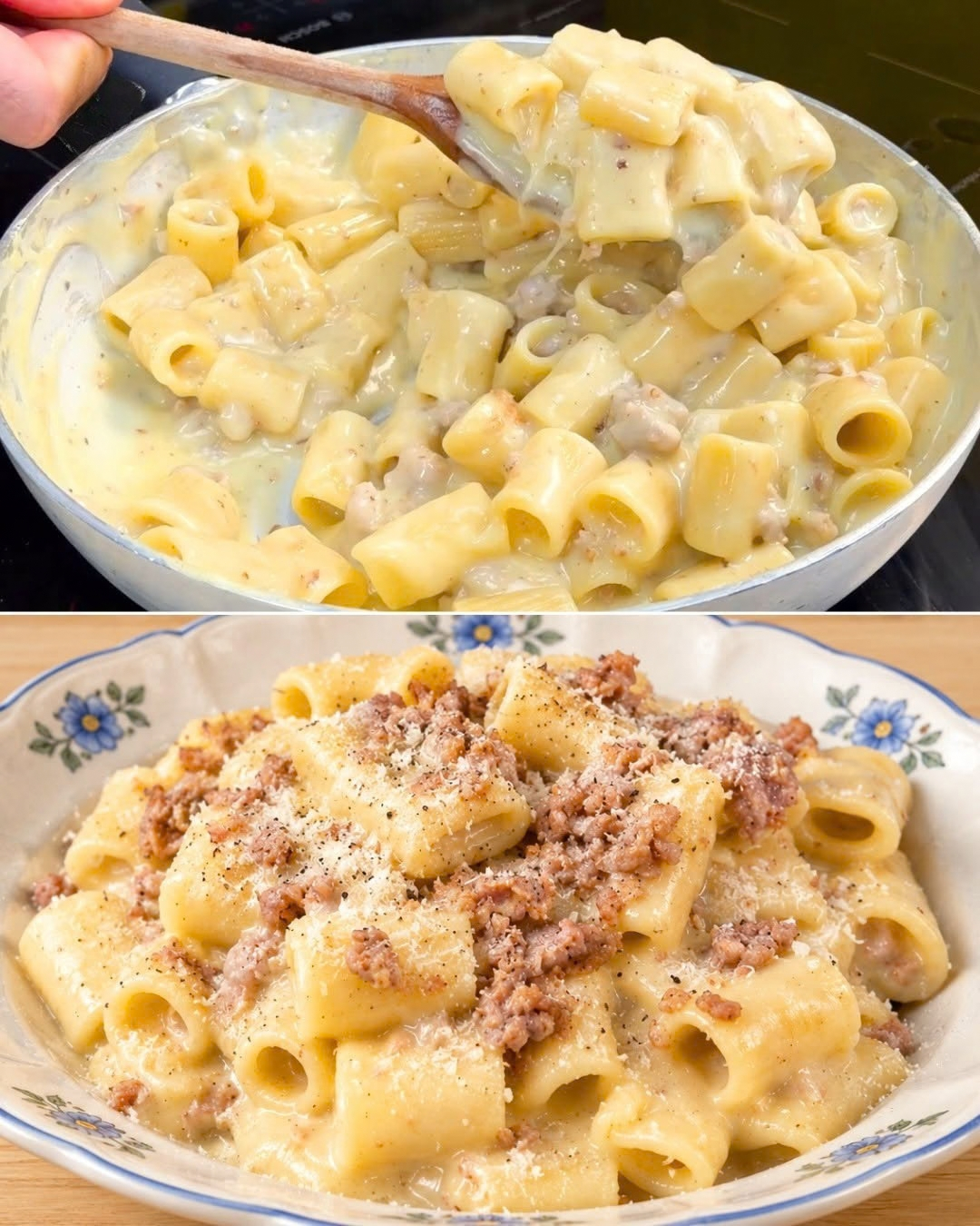 pasta con crema di patate e salsiccia, ricetta pasta con salsiccia, pasta e patate, primi piatti rustici, pasta con salsiccia, mezze maniche rigate, crema di patate, salsiccia rosolata, parmigiano grattugiato, latte, rosmarino, ricetta facile e veloce, pranzo in famiglia, cena in famiglia, cucina italiana, ricetta tradizionale italiana, cucina casalinga, piatti di pasta, primi piatti veloci, ricette con salsiccia, ricette con patate, pasta alla norcina, cucina rustica, pasta corta, paccheri, penne rigate, caserecce, pancetta, speck, provola, cucina italiana autentica, ricette della nonna