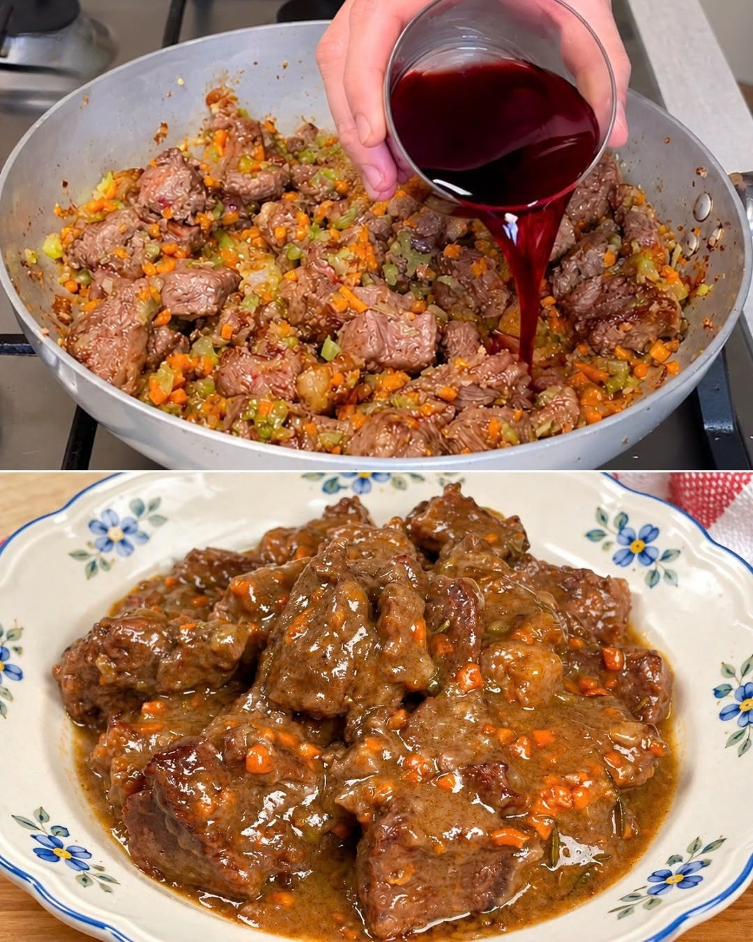 spezzatino di manzo, ricetta spezzatino, secondi di carne, spezzatino tradizionale, carne di manzo, pranzo della domenica, cena in famiglia, ricetta facile e veloce, cottura lenta, carne tenera, brodo di carne, vino rosso, soffritto, sedano carote cipolla, rosmarino, alloro, salvia, scarpetta, pane casereccio, polenta, purè di patate, funghi trifolati, radicchio al forno, spezzatino con piselli, spezzatino con patate, spezzatino al gulasch, cucina italiana autentica, ricette della nonna, piatti tradizionali italiani