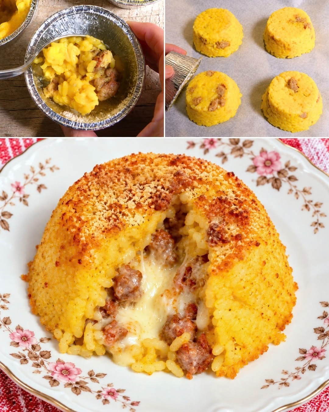 tortini di riso con salsiccia, tortini di riso, risotto allo zafferano, ricetta tortini di riso, antipasti sfiziosi, riso carnaroli, brodo vegetale, fontina, scalogno, zafferano, vino bianco, salsiccia di maiale, semi di finocchietto, olio extravergine d'oliva, burro, grana grattugiato, ricetta facile e veloce, pranzo di festa, cena speciale, buffet, antipasti per buffet, cucina italiana autentica, ricette della nonna, piatti al forno, tortini filanti, ricette con riso, cucina casalinga, ricette con salsiccia, tortini vegetariani, tortini con funghi, monoporzioni