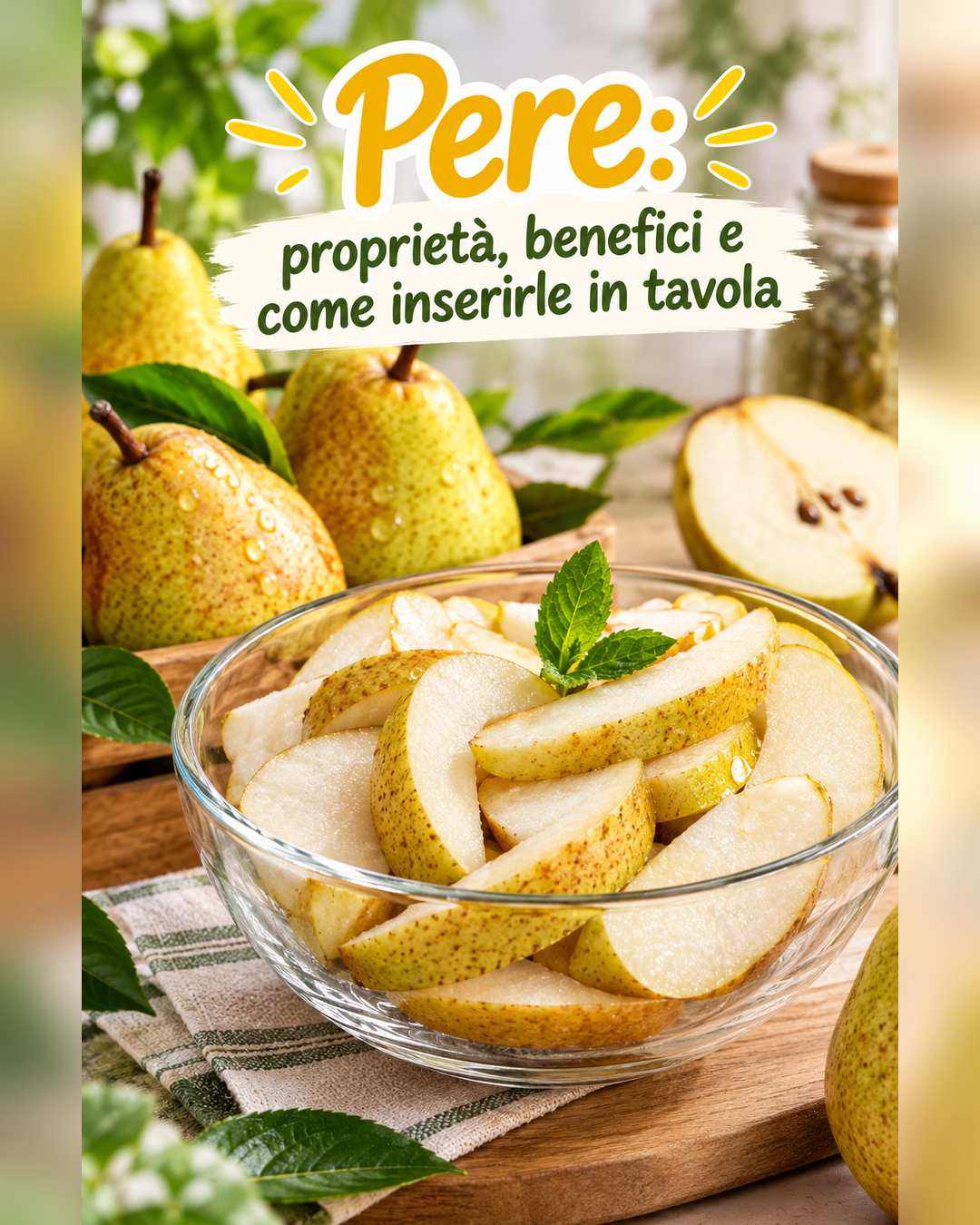 pere, proprietà delle pere, benefici delle pere, pere in tavola, pere fresche, pere cotte, varietà di pere, pere Abate, pere Conference, pere William, pere Kaiser, pere Max Red, pere Madernassa, pere Coscia, pere Decana, frutti di stagione, frutti autunnali, fibre, pectina, quercetina, procianidine, vitamina C, vitamina K, potassio, calcio, acido malico, indice glicemico, diabete, colesterolo, salute cardiovascolare, controllo del peso, salute digestiva, microbiota intestinale, colon irritabile, stitichezza, antiossidanti, abbassamento del colesterolo, prevenzione ictus, prevenzione infarti, calcoli renali, come conservare le pere, pere in frigorifero, pere in freezer, confettura di pere, mostarda di pere, pere al vino, insalate con pere, risotti con pere, dolci con pere, abbinamento formaggi, abbinamento noci, abbinamento miele, ricette della nonna, cucina italiana, dieta equilibrata, alimentazione sana